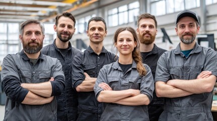 Team of Professionals in Workshop: A confident team of workshop specialists, arms crossed, stands united in their workspace, capturing a sense of professionalism and teamwork.