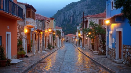 Obraz premium Colorful village street at dawn