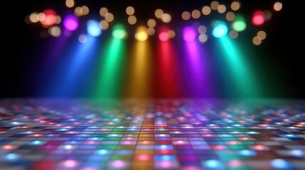 Vibrant disco dance floor with colorful lights and bokeh, creating a lively party atmosphere.