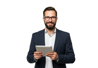Smiling businessman in a suit holding a tablet isolated on transparent background
