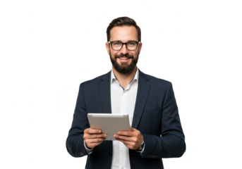 Smiling businessman in a suit holding a tablet isolated on transparent background