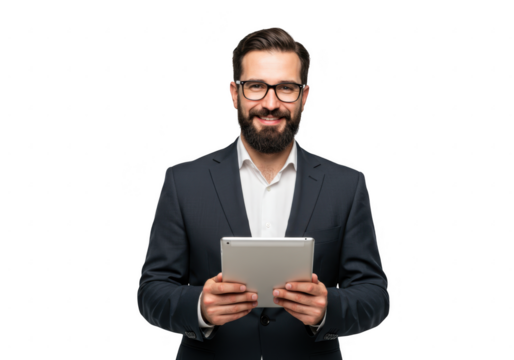 Smiling businessman with beard and glasses holding a tablet isolated on transparent background