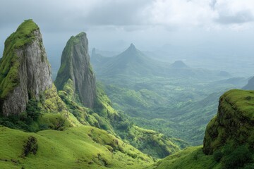Naklejka premium Premium Monsoon Trek Landscape at Tiger Point with Dramatic Cliffs and Lush Valleys for Authentic Travel Inspiration and Adventure Marketing Content