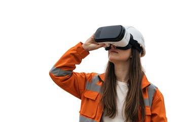 Woman wearing vr headset and hard hat with orange jacket isolated on transparent background
