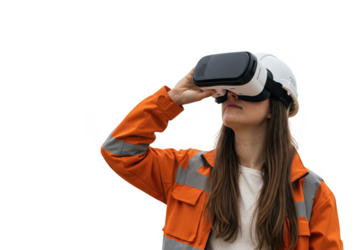 Woman wearing vr headset and hard hat with orange jacket isolated on transparent background