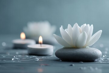 Premium Tranquil Lotus Flower and Candle Spa Setting with Water Drops for Mindfulness and Relaxation Wellness Marketing Content