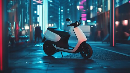 Electric scooter parked on city street at night with neon lights