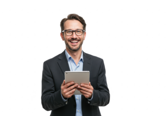 Smiling businessman in a suit holding a tablet isolated on transparent background