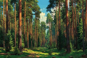 Lush green pine forest with a sunlit path winding through tall trees Nature