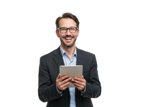 Smiling businessman in a suit holding a tablet isolated on transparent background