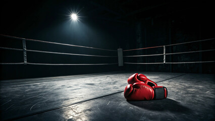 Boxing ring with red gloves on canvas for boxing match training and fitness background and wallpaper stock photo