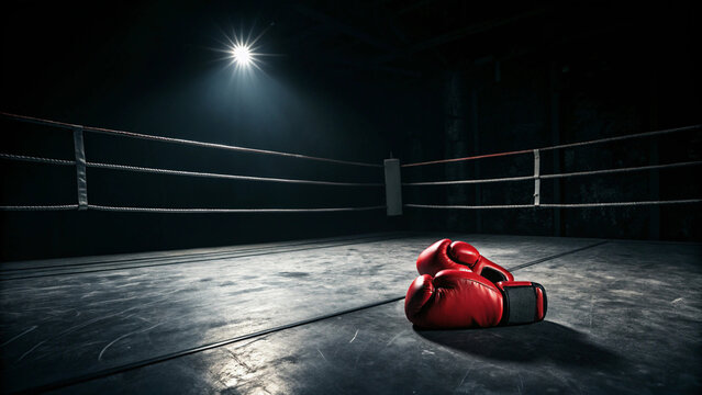 Boxing ring with red gloves on canvas for boxing match training and fitness background and wallpaper stock photo