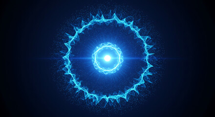 Detailed 3D Visualization of an Energy Source Core Floating in Mid-Air With Radiating Polygonal Energy Waves on a Dark Blue Background
