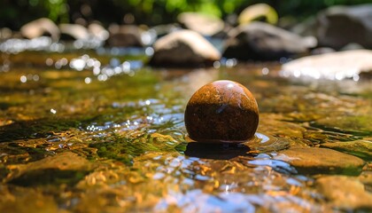 Smooth brown stone in shallow stream