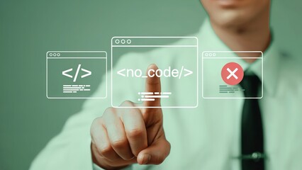 Man interacts with a virtual no code interface on a screen
