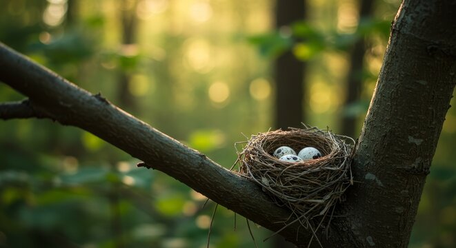 A birds nest nestled in a tree fork holds speckled eggs bathed in soft bokehfilled sunlight filtering through the green forest backdrop - Powered by Adobe