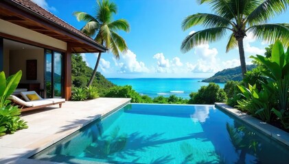 Fototapeta premium Luxury villa with private pool, stunning ocean views, and lush tropical gardens Perfect for a relaxing getaway , accommodation, luxury