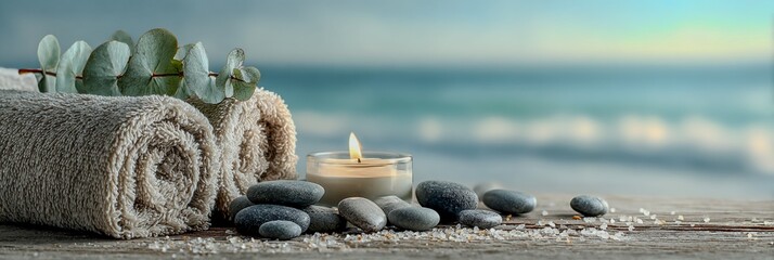 Natural healing retreat scene with stacked zen stones, warm glow candle, ocean blur background and pastel tones for health concept visuals