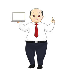 3D illustration of a cartoon bald man in a white shirt and red tie holding a laptop and pointing up confidently.
