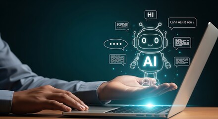 AI Chatbot Hologram Communication Concept. Digital AI Chat Bot Interface with Speech Bubbles ,Virtual Robot Chatbot with Text Message Icons,AI Support Bot Holographic Display Technologym,