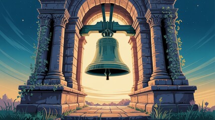 Obraz premium liberty bell, Ancient Bell Tower with a Large Bronze Bell Under a Starry Evening Sky