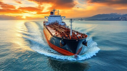 Obraz premium Large cargo ship at sunset
