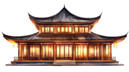 watercolor traditional Asian pagoda with illustration on white background