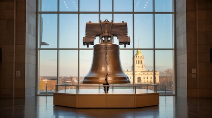 liberty bell, The Liberty Bell Displayed in Museum with Cityscape View Through Window