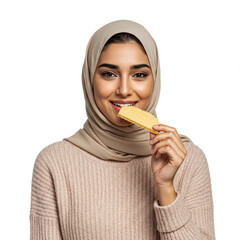 Smiling Woman in Hijab Eating Wafer Cookie