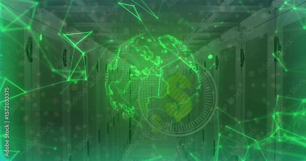 Poster on server activation, globe emerging and rotating while pulsing network lines visualizing data flow