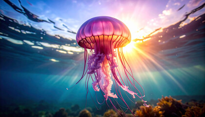 Translucent jellyfish glowing under water in the Baltic Sea during colorful dusk light.