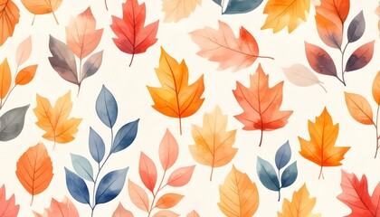 Obraz premium Watercolor Autumn Leaves Pattern: Vibrant Fall Foliage on Cream Background. Thanksgiving aesthetic background. Thanksgiving background image. Autumn leaves background aesthetic.