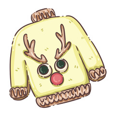 A charming and whimsical illustration of a Christmas cookie shaped like an "ugly Christmas sweater." The pink frosted sweater is adorned with colorful, leaf-shaped sprinkles resembling festive holiday