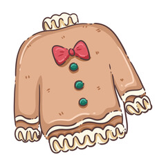 A charming and whimsical illustration of a Christmas cookie shaped like an "ugly Christmas sweater." The pink frosted sweater is adorned with colorful, leaf-shaped sprinkles resembling festive holiday