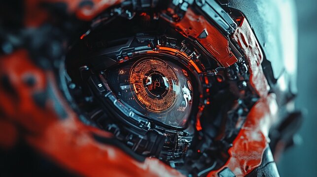 Close-up of a futuristic mechanical eye, intricate details of metallic gears and circuits surrounding a glowing lens