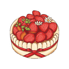A delightful and charming top-down illustration of a round cake generously topped with an abundance of vibrant, ripe strawberries. The cake features a creamy white border