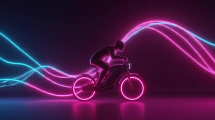 Silhouette of a cyclist riding a neon outlined bicycle with wavy neon lines in the background art