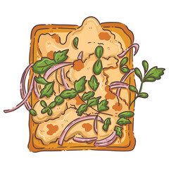 A visually appealing and unique top-down illustration of a golden-brown slice of toast adorned with a creamy, savory spread, possibly hummus or avocado