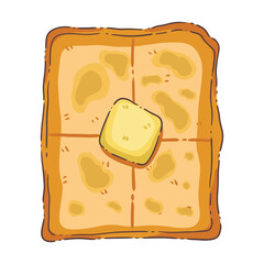 A simple yet classic top-down illustration of a golden-brown slice of toast with a pat of melting yellow butter in the center. The butter is shown spreading and soaking into the warm toast
