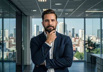 Confident businessman in a suit, posing in a modern office setting with a city view