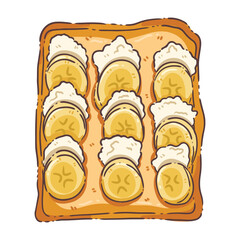 A delightful and sweet top-down illustration of a slice of golden-brown toast generously topped with slices of ripe yellow banana and dollops of fluffy white cream