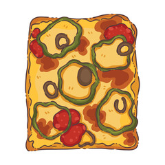 A savory and colorful top-down illustration of a golden-brown slice of toast transformed into a mini-pizza or open-faced sandwich. It's generously topped with melted cheese