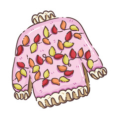 A charming and whimsical illustration of a Christmas cookie shaped like an "ugly Christmas sweater." The pink frosted sweater is adorned with colorful, leaf-shaped sprinkles resembling festive holiday