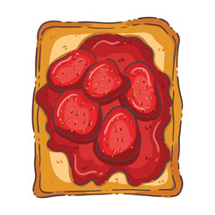 A vibrant and delightful top-down illustration of a golden-brown slice of toast generously spread with rich, red strawberry jam. Whole or sliced strawberries are artfully placed on top