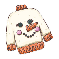 A charming and whimsical illustration of a Christmas cookie shaped like an "ugly Christmas sweater." The pink frosted sweater is adorned with colorful, leaf-shaped sprinkles resembling festive holiday
