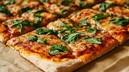 Close-up view of a rectangular pizza topped with fresh arugula.