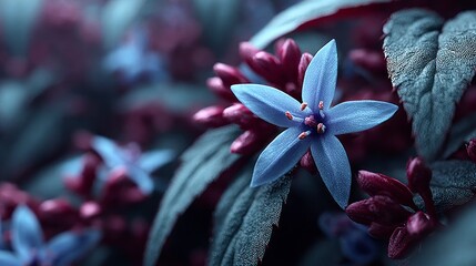 Delicate blue star shaped flower with dark buds and textured leaves blue flower