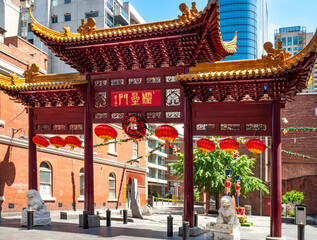 Naklejka premium Chinese Pagoda in Chinatown Melbourne, an ethnic enclave with laneways, alleys and arcades. Established in the 1850s, it is the oldest Chinatown in the Southern Hemisphere. Australia 2019