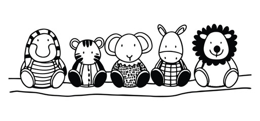 Adorable black and white cartoon animal characters zebra tiger koala donkey and lion