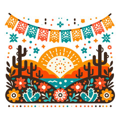 Obraz premium A vibrant Mexican landscape with papel picado, cacti, flowers, and a setting sun, perfect for Cinco de Mayo celebrations, travel blogs, or festive event promotions.